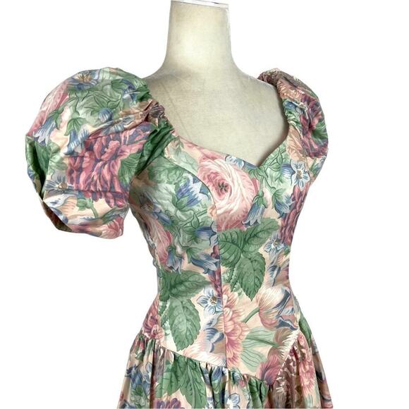 Vintage House of Bianchi Floral Victorian Prairie Midi Puff Sleeve Corset Dress - Picture 5 of 15